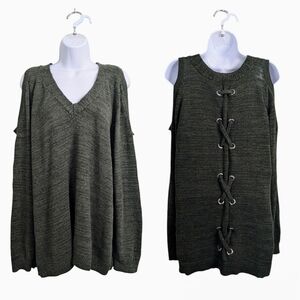 Torrid Woman Plus Dark Green Cold Shoulder Sweater V-Neck Long Sleeve Cozy 3X